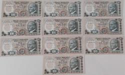 6.EMİSYON 100 YÜZ TÜRK LİRASI HARF SIRALI ORİJİNAL KAĞIT PARALAR ON ADET GÜZEL SERİ NUMARALI ÇİL-ÇİLALTI NADİR