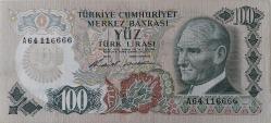 6.EMİSYON 1.TERTİP 100 YÜZ TÜRK LİRASI ORİJİNAL KAĞIT PARA A64116666 RADAR GÜZEL SERİ NUMARALI ÇİLALTI NADİR