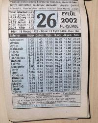 26 EYLÜL 2002 PERŞEMBE - TAKVİM YAPRAĞI - DOĞUM GÜNÜ HEDİYESİ - FAZİLET TAKVİMİ - KANUNİ'NİN BİRİNCİ VİYANA MUHASARASI (1529)-DİL KURULTAYI'NIN İLK TOPLANTISI (1932)-BİD'ATE VE BİD'ATÇİLİĞE GÖTÜREN SEBEPLER