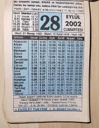 28 EYLÜL 2002 CUMARTESİ - TAKVİM YAPRAĞI - DOĞUM GÜNÜ HEDİYESİ - FAZİLET TAKVİMİ - KAZIM KARABEKİR'İN ERMENİLER'E KARŞI HAREKATI (1920)-PREVEZE DENİZ ZAFERİ (1538)-RECEB AYINDA KILINACAK NAMAZ