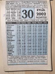 30 EYLÜL 2002 PAZARTESİ  - TAKVİM YAPRAĞI - DOĞUM GÜNÜ HEDİYESİ - FAZİLET TAKVİMİ - KANUNİ (1520) 2. SELİM HAN'IN (1566) TAHT'A ÇIKMALARI-KARS/SELİM VE GÖLE'NİN KURTULUŞU (1920)-DEVLET PLANLAMA TEŞKİLATI'NIN KURULUŞU (1960)-SOHBET Mİ'RAC MUCİZESİ VE SAFHALARI