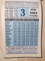 3 EKİM 2002 PERŞEMBE  - TAKVİM YAPRAĞI - DOĞUM GÜNÜ HEDİYESİ - FAZİLET TAKVİMİ - MUDANYA KONFERANSI (1922)-DOĞU VE BATI ALMANYA'NIN BİRLEŞMESİ (1990)-İSRA,Mİ'RAC VE BURAK...