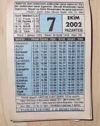 7 EKİM 2002 PAZARTESİ  - TAKVİM YAPRAĞI - DOĞUM GÜNÜ HEDİYESİ - FAZİLET TAKVİMİ - İNEBAHTI DENİZ SAVAŞI VE DONANMAMIZIN YAKILMASI (1571)-ŞİLE'NİN KURTULUŞU (1923)-RUSYA'DA KOMÜNİST İHTİLALİ (1917)-DİNİ TABİRLERİMİZ ''DECCAL'' NEDİR?