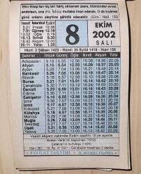 8 EKİM 2002 SALI  - TAKVİM YAPRAĞI - DOĞUM GÜNÜ HEDİYESİ - FAZİLET TAKVİMİ - BALKAN HARBİ'NİN BAŞLAMASI (1912)-ÇATALCA'NIN KURTULUŞU (1923)-DİNİ TABİRLERİMİZ ''MESİH'' NEDİR, KİME DENİR?