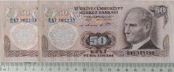 6.EMİSYON 1.TERTİP 50 ELLİ TÜRK LİRALARI ORİJİNAL KAĞIT PARALAR B47367734-B47367735 GÜZEL SERİ NUMARALI ÇİL-ÇİLALTI NADİR