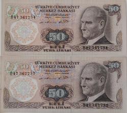 6.EMİSYON 1.TERTİP 50 ELLİ TÜRK LİRALARI ORİJİNAL KAĞIT PARALAR B47367734-B47367735 GÜZEL SERİ NUMARALI ÇİL-ÇİLALTI NADİR