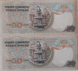 6.EMİSYON 1.TERTİP 50 ELLİ TÜRK LİRALARI ORİJİNAL KAĞIT PARALAR B47367734-B47367735 GÜZEL SERİ NUMARALI ÇİL-ÇİLALTI NADİR