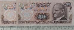 6.EMİSYON 1.TERTİP 50 ELLİ TÜRK LİRALARI ORİJİNAL KAĞIT PARALAR B47367750-B47367751 GÜZEL SERİ NUMARALI ÇİL NADİR