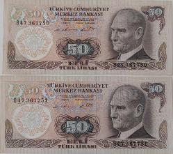 6.EMİSYON 1.TERTİP 50 ELLİ TÜRK LİRALARI ORİJİNAL KAĞIT PARALAR B47367750-B47367751 GÜZEL SERİ NUMARALI ÇİL NADİR