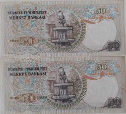 6.EMİSYON 1.TERTİP 50 ELLİ TÜRK LİRALARI ORİJİNAL KAĞIT PARALAR B47367750-B47367751 GÜZEL SERİ NUMARALI ÇİL NADİR