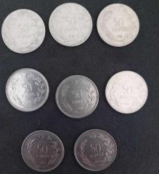 1971,72,73,74,75,75,77,79 TARİHLİ MADENİ 50 KURUŞ.  KONDİSYON YÜKSEK KOLEKSİYONLUK 8 ADET PARA LOTU