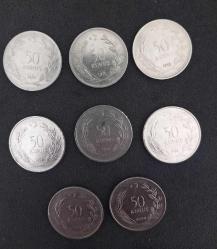 1971,72,73,74,75,75,77,79 TARİHLİ MADENİ 50 KURUŞ. KONDİSYON YÜKSEK KOLEKSİYONLUK 8 ADET PARA LOTU