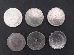 1971,72,74,75,76,77 TARİHLİ 50 KURUŞ  MADENİ PARA.  6 ADET PARA LOTU.  KONDİSYON YÜKSEK KOLEKSİYONLUK