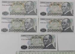 7.EMİSYON 1. VE 2.TERTİP 10 TÜRK LİRALARI HARF SIRALI KAĞIT PARALAR A04868709-B20499481-C05858945-D06882873-E51549167 SERİ NOLU ÇİL-ÇİLALTI NADİR
