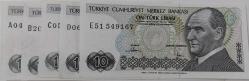 7.EMİSYON 1. VE 2.TERTİP 10 TÜRK LİRALARI HARF SIRALI KAĞIT PARALAR A04868709-B20499481-C05858945-D06882873-E51549167 SERİ NOLU ÇİL-ÇİLALTI NADİR