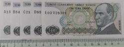 7.EMİSYON 1. VE 2.TERTİP 10 TÜRK LİRALARI HARF SIRALI KAĞIT PARALAR A15330396-B54542428-C21134656-D85133219-E03728301 SERİ NOLU ÇİL NADİR
