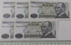 7.EMİSYON 1. VE 2.TERTİP 10 TÜRK LİRALARI HARF SIRALI KAĞIT PARALAR A45027889-B30192059-C60123131-D50206868-E46753771 SERİ NOLU ÇİL NADİR