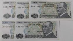 7.EMİSYON 1. VE 2.TERTİP 10 TÜRK LİRALARI HARF SIRALI KAĞIT PARALAR A45027889-B30192059-C60123131-D50206868-E46753771 SERİ NOLU ÇİL NADİR