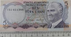 6.EMİSYON 2.TERTİP 5 TÜRK LİRASI I52411388 SERİ NUMARALI ORİJİNAL KAĞIT PARA ÇİL-ÇİLALTI NADİR