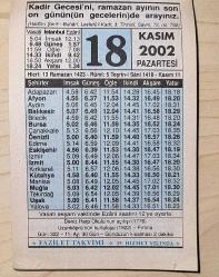 18 KASIM 2002 PAZARTESİ  - TAKVİM YAPRAĞI - DOĞUM GÜNÜ HEDİYESİ - FAZİLET TAKVİMİ - DENİZ HARP OKULU'NUN AÇILIŞI (1776)-UZUNKÖPRÜ'NÜN KURTULUŞU (1922)-KADİR GECESİNİ GÖZETMEK