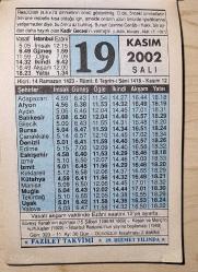 Efemera - 19 KASIM 2002 SALI  - TAKVİM YAPRAĞI - DOĞUM GÜNÜ HEDİYESİ - FAZİLET TAKVİMİ - SÜVEYŞ KANALI'NIN AÇILMASI (15 ŞABAN 1286/M.1869)-KEŞAN VE MERİÇ'İN KURTULUŞLARI (1922)-İSTANBUL RADYOSU'NUN YAYINA BAŞLAMASI (1949)-KADİR GECESİ'NİN FAZİLETİ - kitantik - kitaLog