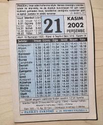 21 KASIM 2002 PERŞEMBE  - TAKVİM YAPRAĞI - DOĞUM GÜNÜ HEDİYESİ - FAZİLET TAKVİMİ - İSTANBUL TEKNİK ÜNİVERSİTESİ'NİN AÇILIŞI (1944)-MARDİN'İN KURTULUŞU (1920)-ZEKATI VERMEMENİN DÜNYEVİ VE UHREVİ CEZASI