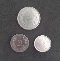3 ADET 1970'LER 2,5 LİRA - 50 KURUŞ - 25 KURUŞ MADENİ PARA LOTU KONDİSYON YÜKSEK KOLEKSİYONLUK NADİR