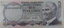6.EMİSYON 2.TERTİP 5 TÜRK LİRASI K08431973 SERİ NUMARALI ORİJİNAL KAĞIT PARA ÇİL NADİR