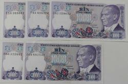 7.EMİSYON 1. VE 2.TERTİP 1.000 BİN TÜRK LİRALARI HARF SIRALI E16389862-F61495376-G42259032-H86225882-J68892543 SERİ NOLU ORİJİNAL KAĞIT PARALAR ÇİL-ÇİLALTI NADİR
