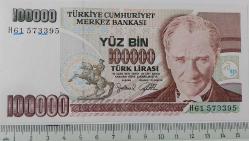 7.EMİSYON 3.TERTİP 100.000 YÜZ BİN TÜRK LİRASI H61570095 SERİ NOLU ORİJİNAL GÜZEL NUMARALI KAĞIT PARA ÇİL NADİR