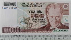 7.EMİSYON 2.TERTİP 100.000 YÜZ BİN TÜRK LİRASI D62638962 SERİ NOLU ORİJİNAL GÜZEL NUMARALI KAĞIT PARA ÇİL NADİR
