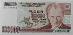 7.EMİSYON 2.TERTİP 100.000 YÜZ BİN TÜRK LİRASI D62638962 SERİ NOLU ORİJİNAL GÜZEL NUMARALI KAĞIT PARA ÇİL NADİR