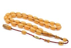 Ahmet Emin İmzalı Badem Kesim Hareli Beyaz Sıkma Kehribar Tesbih