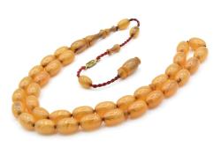 Ahmet Emin İmzalı Badem Kesim Hareli Beyaz Sıkma Kehribar Tesbih