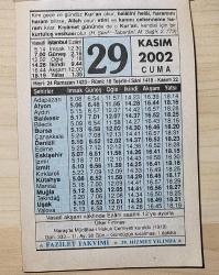 Efemera - 29 KASIM 2002 CUMA  - TAKVİM YAPRAĞI - DOĞUM GÜNÜ HEDİYESİ - FAZİLET TAKVİMİ - MARAŞ'TA MÜDAFAA-İ HUKUK CEMİYETİ KURULDU (1919)-KUR'AN'IN İNDİRİLDİĞİ GECE:KADİR GECESİ - kitantik - kitaLog