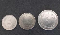 3 ADET 1970'LER 2,5 LİRA - 50 KURUŞ - 25 KURUŞ MADENİ PARA LOTU KONDİSYON 8/10.  KOLEKSİYONLUK NADİR