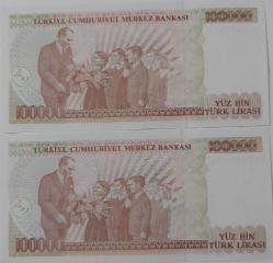 7.EMİSYON 3.TERTİP 100.000 YÜZ BİN TÜRK LİRALARI RAKAM SIRALI I74872077-I74872078 SERİ NOLU ORİJİNAL KAĞIT PARALAR ÇİL-ÇİLALTI NADİR