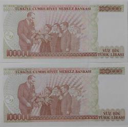 7.EMİSYON 3.TERTİP 100.000 YÜZ BİN TÜRK LİRALARI RAKAM SIRALI J16282057-J16282058 SERİ NOLU ORİJİNAL KAĞIT PARALAR ÇİL NADİR