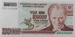 7.EMİSYON 2.TERTİP 100.000 YÜZ BİN TÜRK LİRASI E55124110 SERİ NOLU ORİJİNAL GÜZEL NUMARALI KAĞIT PARA ÇİL-ÇİLALTI NADİR