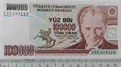 7.EMİSYON 2.TERTİP 100.000 YÜZ BİN TÜRK LİRASI E55124110 SERİ NOLU ORİJİNAL GÜZEL NUMARALI KAĞIT PARA ÇİL-ÇİLALTI NADİR