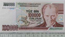 7.EMİSYON 3.TERTİP 100.000 YÜZ BİN TÜRK LİRASI H84356662 SERİ NOLU ORİJİNAL KAĞIT PARA ÇİLALTI NADİR