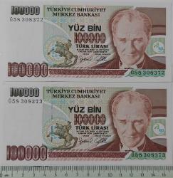 7.EMİSYON 3.TERTİP 100.000 YÜZ BİN TÜRK LİRALARI RAKAM SIRALI G58308372-G58308373 SERİ NOLU ORİJİNAL KAĞIT PARALAR ÇİL-ÇİLALTI NADİR