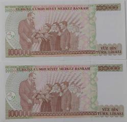 7.EMİSYON 3.TERTİP 100.000 YÜZ BİN TÜRK LİRALARI RAKAM SIRALI G58308372-G58308373 SERİ NOLU ORİJİNAL KAĞIT PARALAR ÇİL-ÇİLALTI NADİR