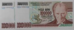 7.EMİSYON 3.TERTİP 100.000 YÜZ BİN TÜRK LİRALARI RAKAM SIRALI G58308372-G58308373 SERİ NOLU ORİJİNAL KAĞIT PARALAR ÇİL-ÇİLALTI NADİR