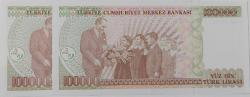 7.EMİSYON 3.TERTİP 100.000 YÜZ BİN TÜRK LİRALARI RAKAM SIRALI G58308372-G58308373 SERİ NOLU ORİJİNAL KAĞIT PARALAR ÇİL-ÇİLALTI NADİR