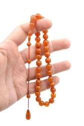 İsmail Karasapan İmzalı Küre Kesim Hareli Sarı Sıkma Kehribar Tesbih