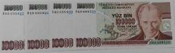 7.EMİSYON 3.TERTİP 100.000 YÜZ BİN TÜRK LİRALARI RAKAM SIRALI H49688497-H49688498-H49688499-H49688500 SERİ NOLU ORİJİNAL KAĞIT PARALAR ÇİL NADİR