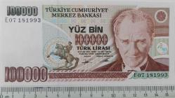 7.EMİSYON 2.TERTİP 100.000 YÜZ BİN TÜRK LİRASI E07181993 SERİ NOLU ORİJİNAL GÜZEL NUMARALI KAĞIT PARA ÇİL NADİR