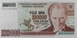 7.EMİSYON 2.TERTİP 100.000 YÜZ BİN TÜRK LİRASI E07181993 SERİ NOLU ORİJİNAL GÜZEL NUMARALI KAĞIT PARA ÇİL NADİR