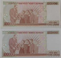 7.EMİSYON 3.TERTİP 100.000 YÜZ BİN TÜRK LİRASI F32541552 SERİ NOLU ORİJİNAL BASKISINDAN RENK ERÖRLÜ KAĞIT PARA ÇİLALTI NADİR